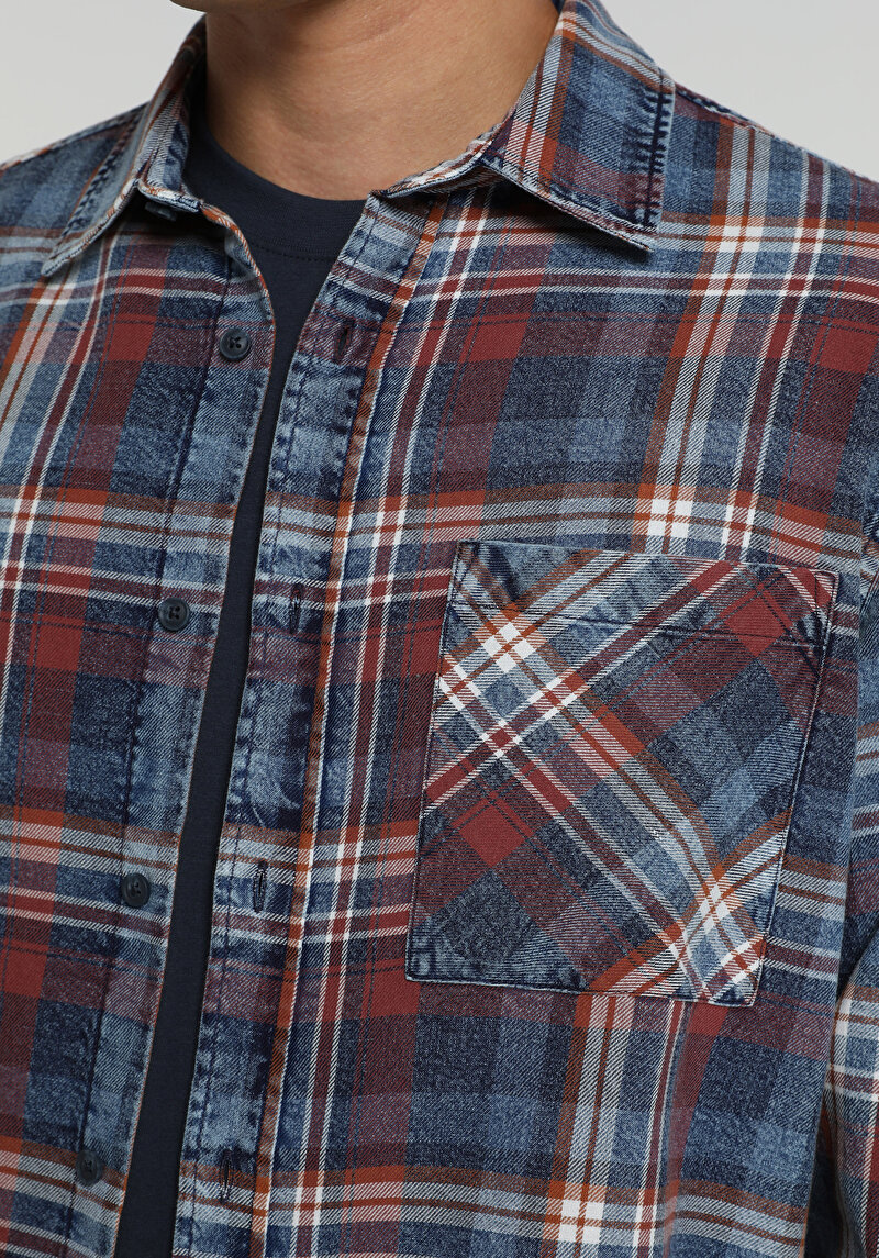 Relaxed Fit Shirt Neck Ekoseli Erkek Mavi Uzun Kol Gömlek