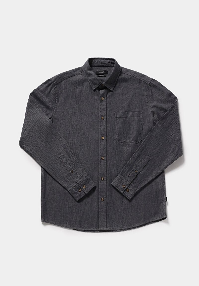 Regular Fit Shirt Neck Düz Erkek Antrasit Uzun Kol Gömlek