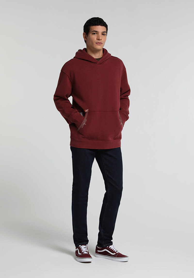 Relaxed Fit Kapüşonlu Düz Erkek Bordo Sweatshirt