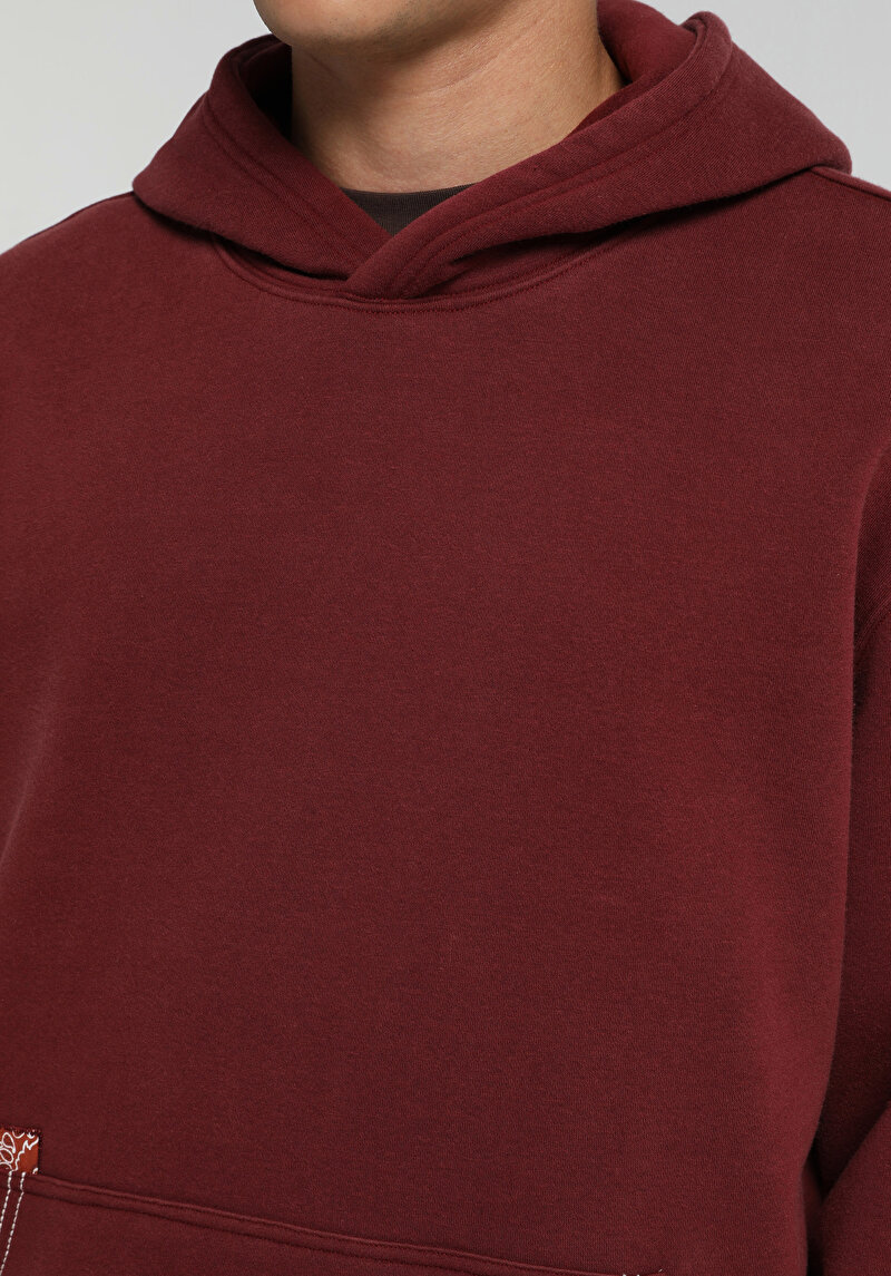 Relaxed Fit Kapüşonlu Düz Erkek Bordo Sweatshirt