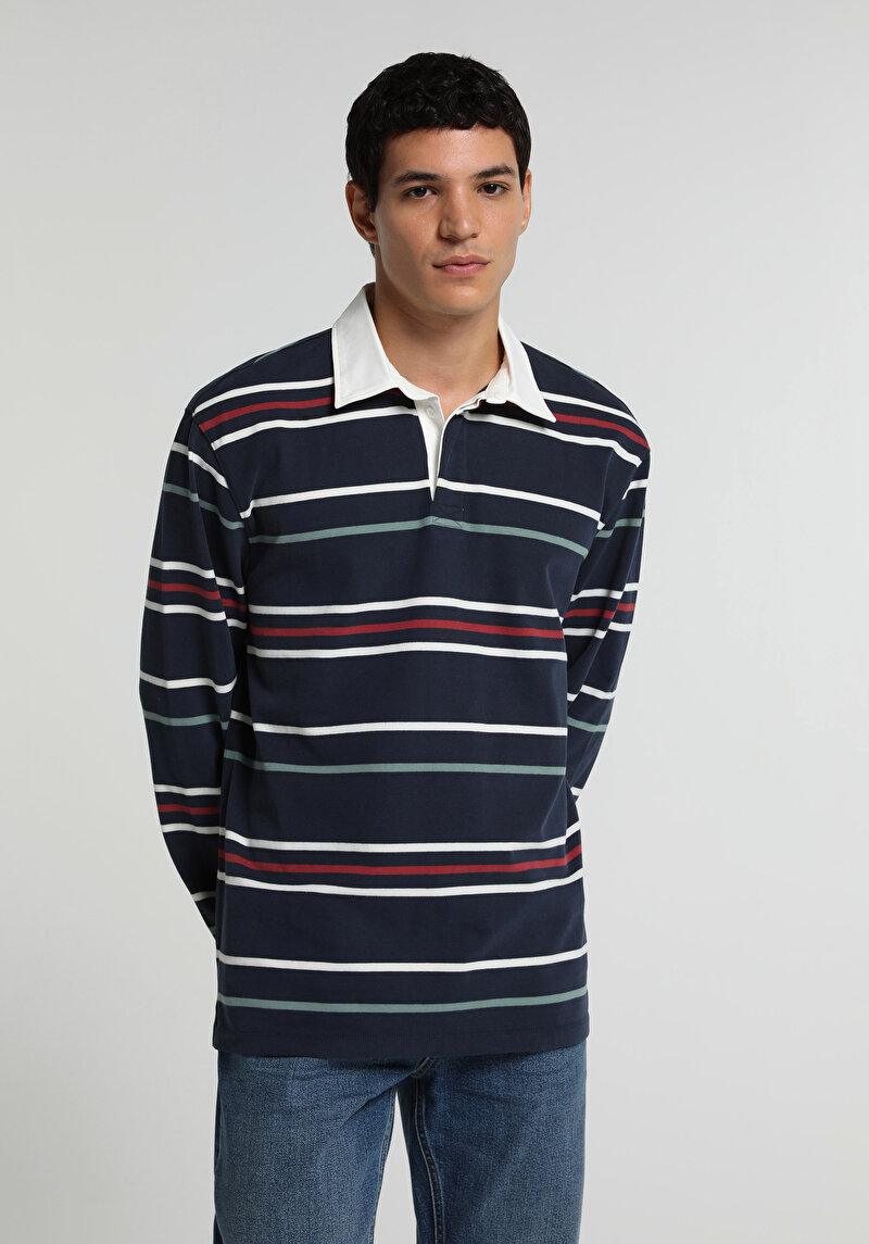 Relaxed Fit Polo Yaka Çizgili Erkek Lacivert Uzun Kol Tişört
