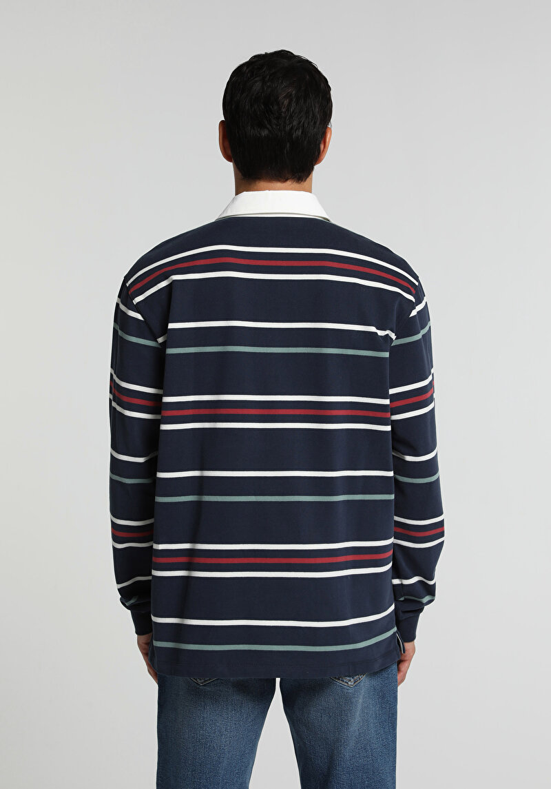 Relaxed Fit Polo Yaka Çizgili Erkek Lacivert Uzun Kol Tişört