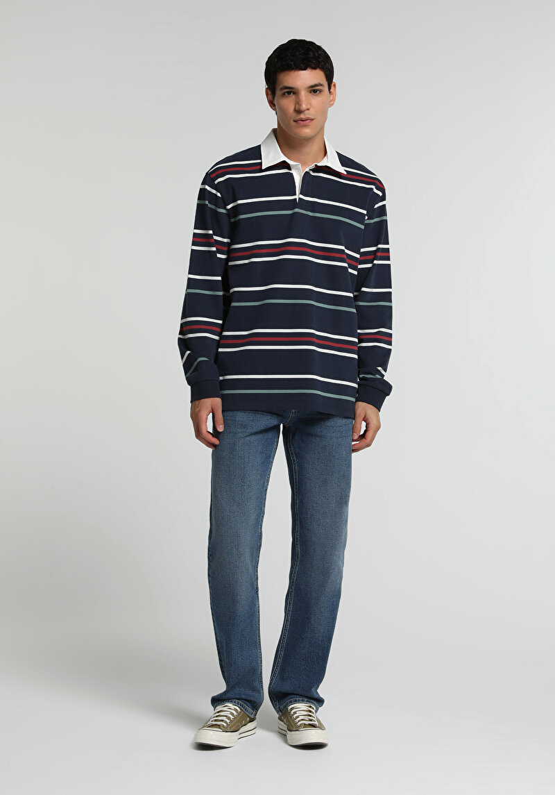 Relaxed Fit Polo Yaka Çizgili Erkek Lacivert Uzun Kol Tişört