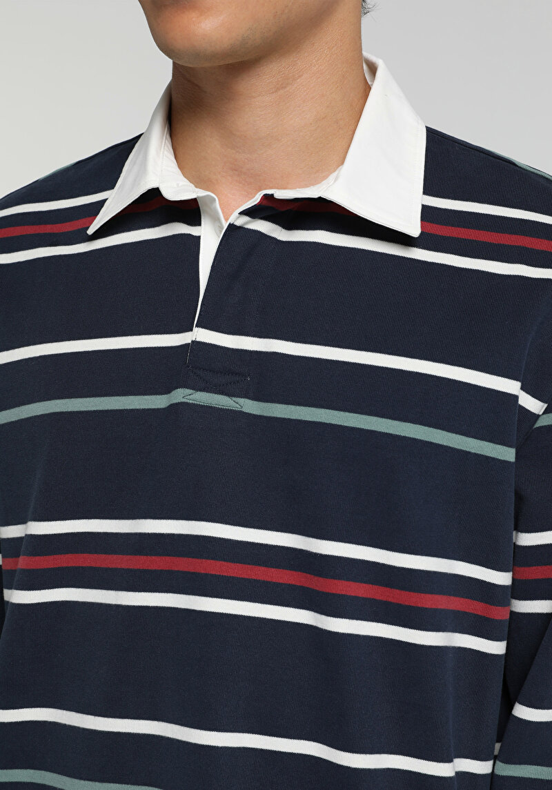 Relaxed Fit Polo Yaka Çizgili Erkek Lacivert Uzun Kol Tişört