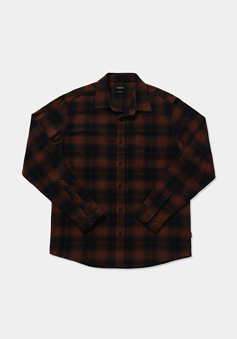 Regular Fit Shirt Neck Ekoseli Erkek Turuncu Uzun Kol Gömlek