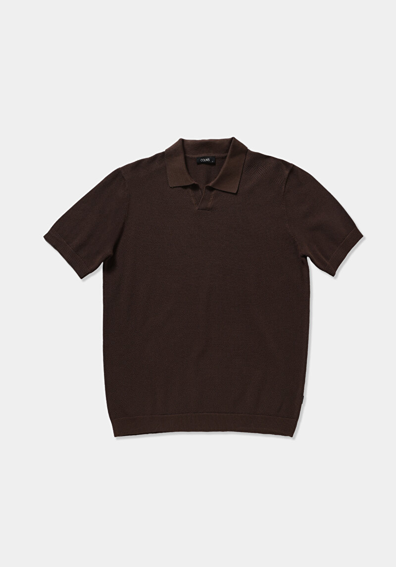 Regular Fit Polo Yaka Düz Erkek Açik Kahverengi Kısa Kol Kazak