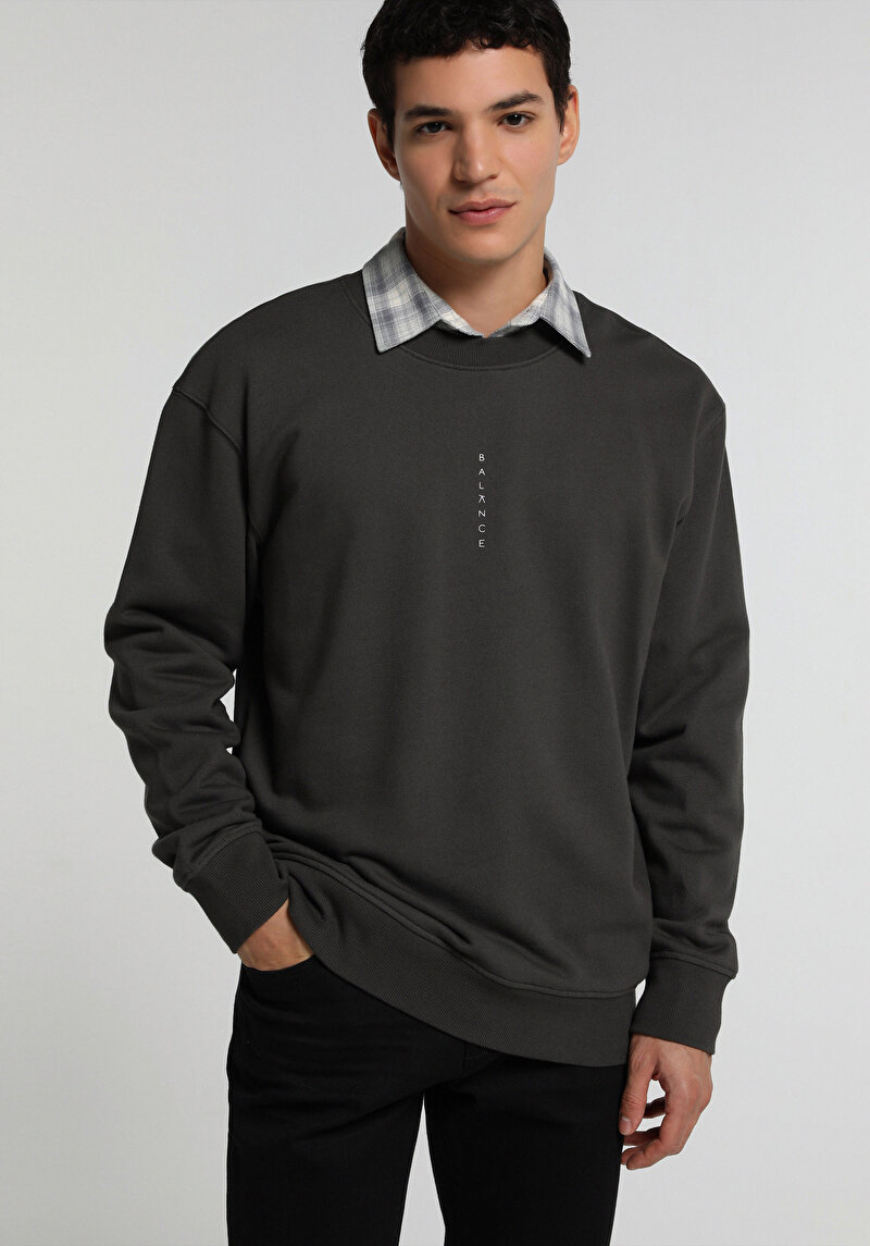 Relaxed Fit Yuvarlak Yaka Düz Erkek Antrasit Sweatshirt