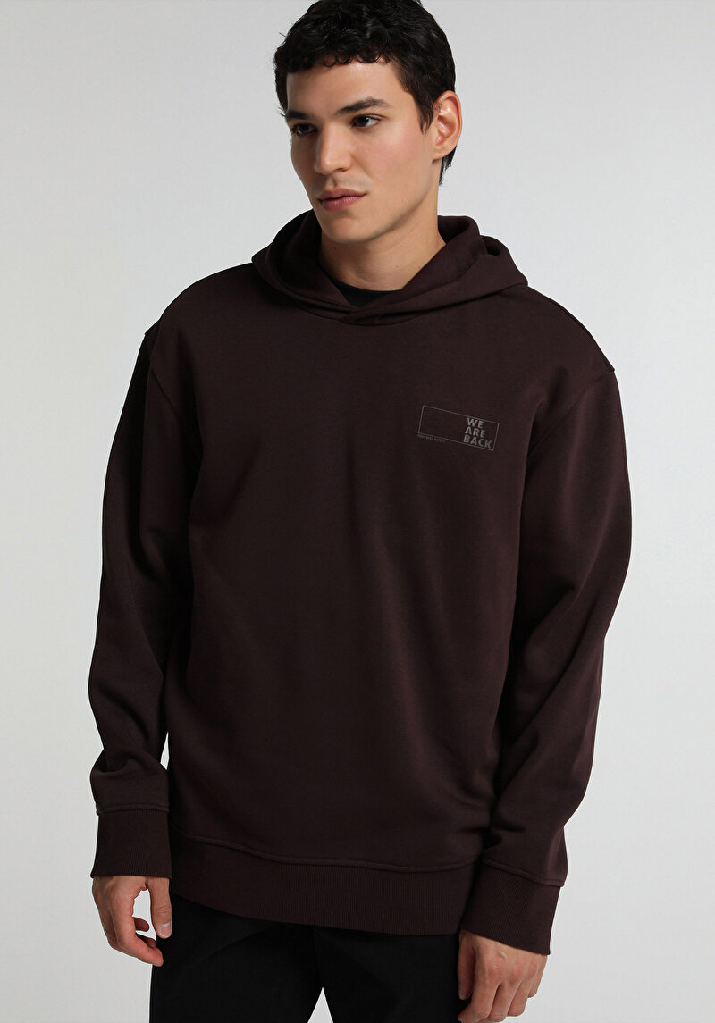 Relaxed Fit Kapüşonlu Düz Erkek Mor Sweatshirt
