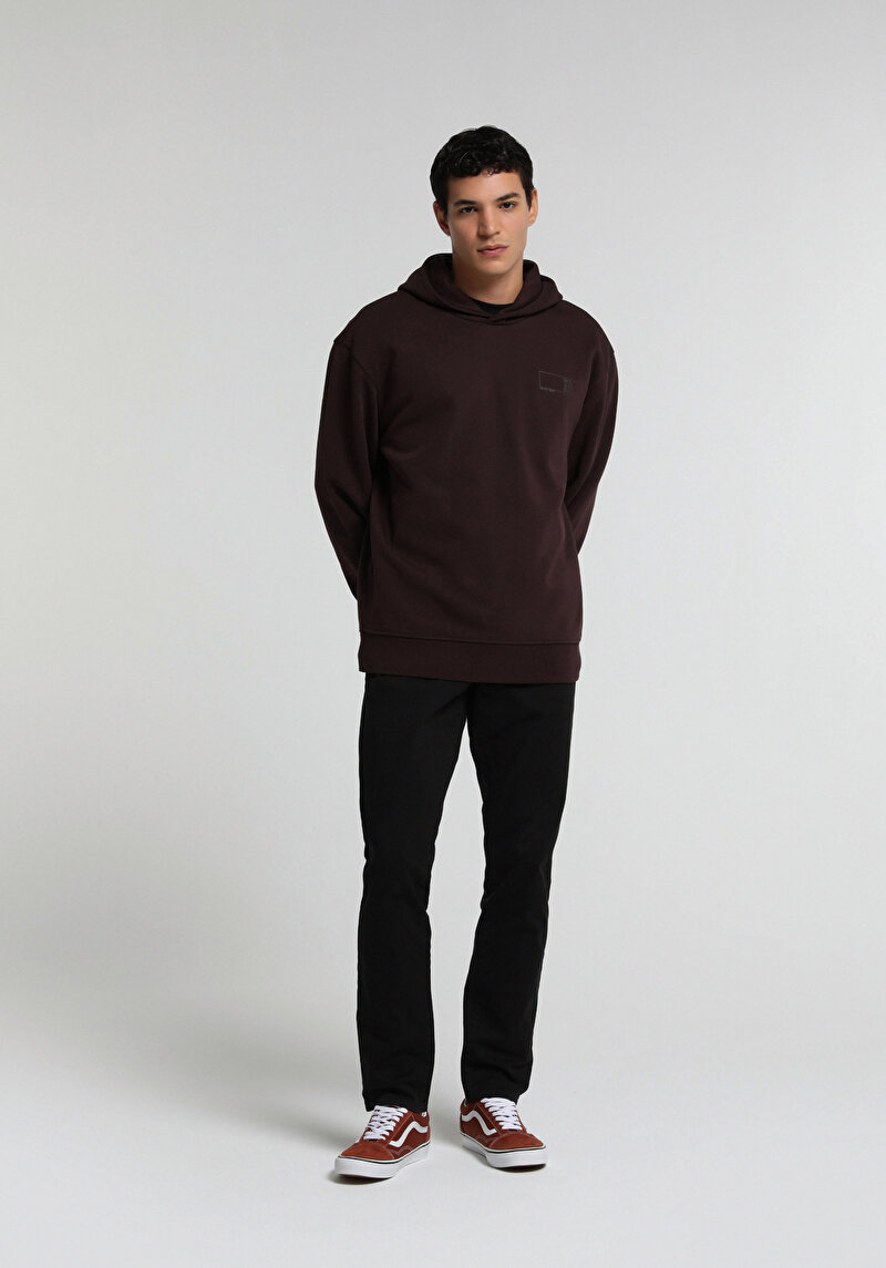 Relaxed Fit Kapüşonlu Düz Erkek Mor Sweatshirt