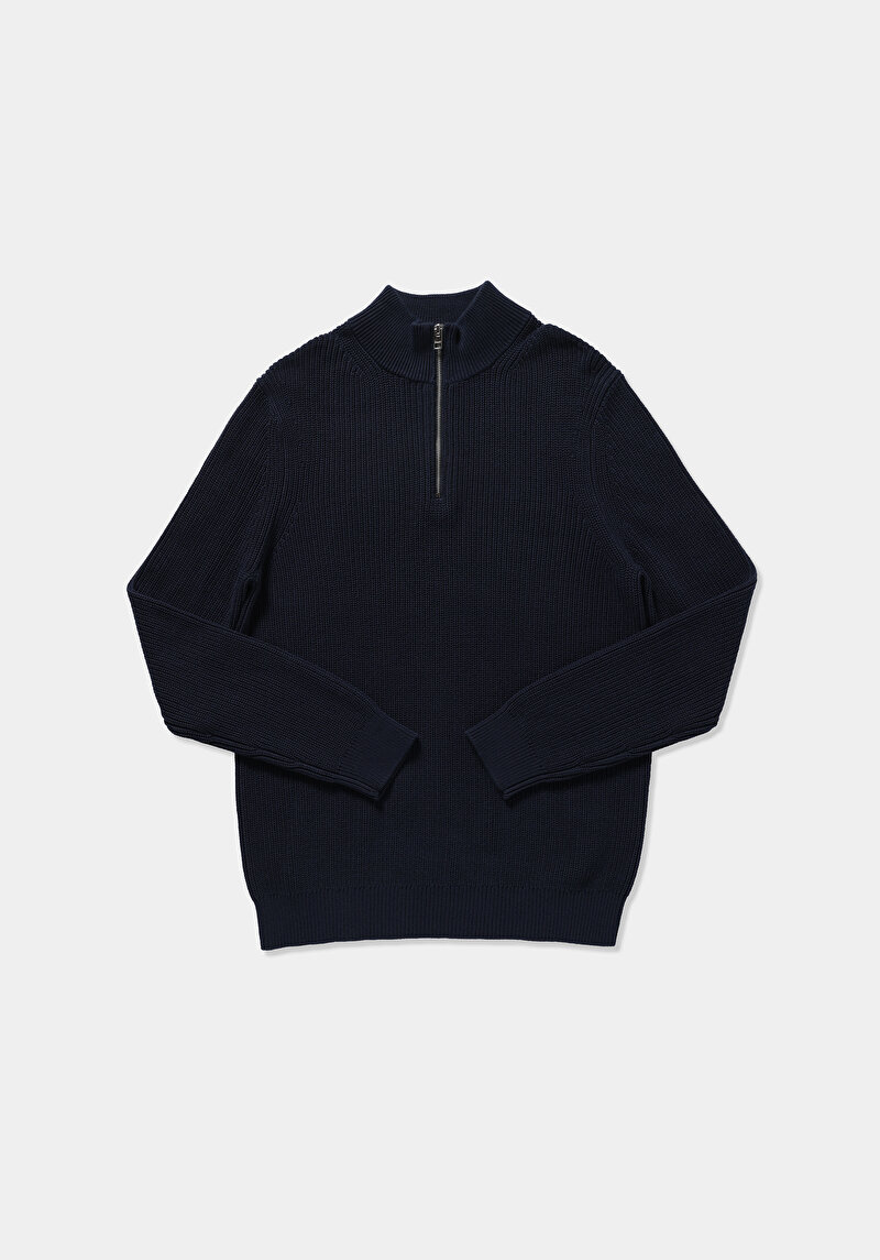 Regular Fit High Neck Jakarlı Erkek Lacivert Kazak