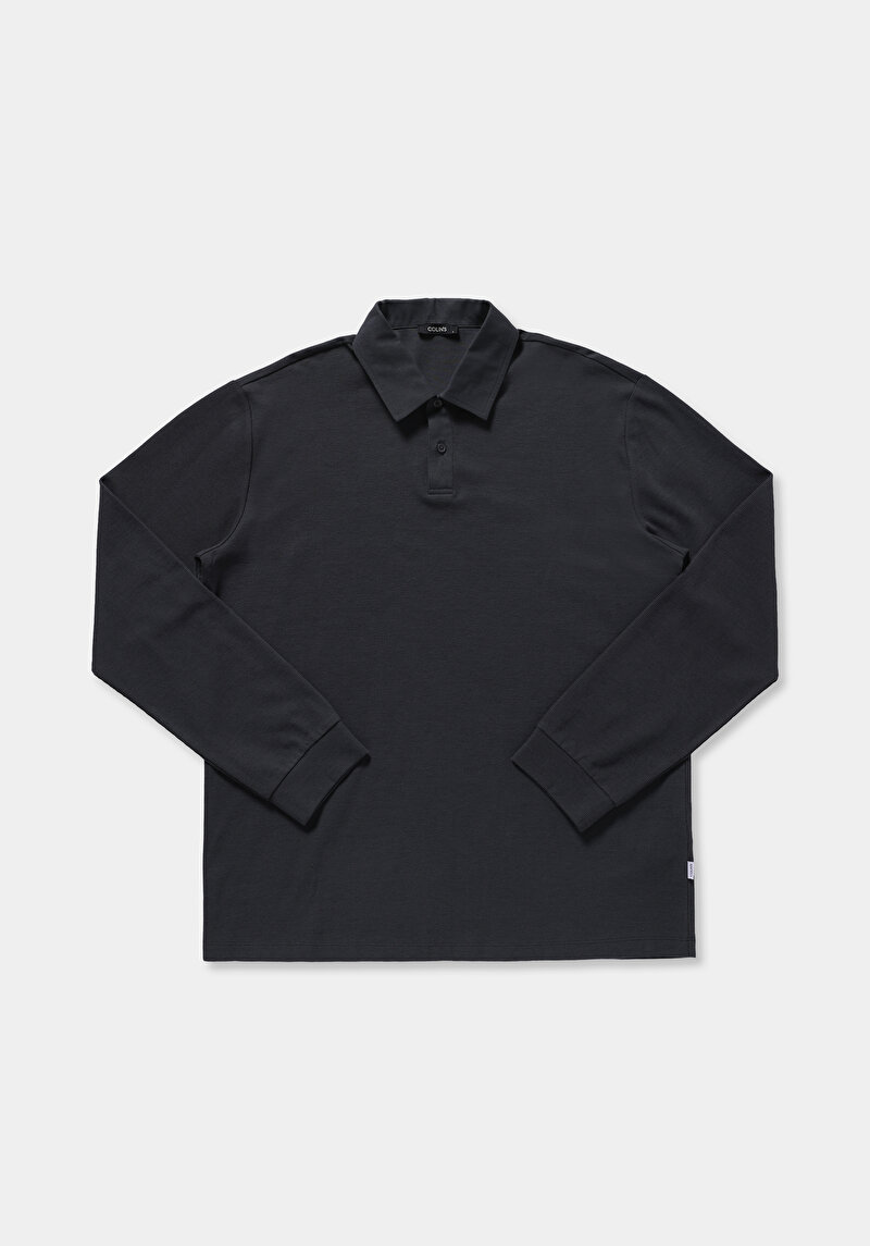 Relaxed Fit Polo Yaka Düz Erkek Antrasit Uzun Kol Tişört
