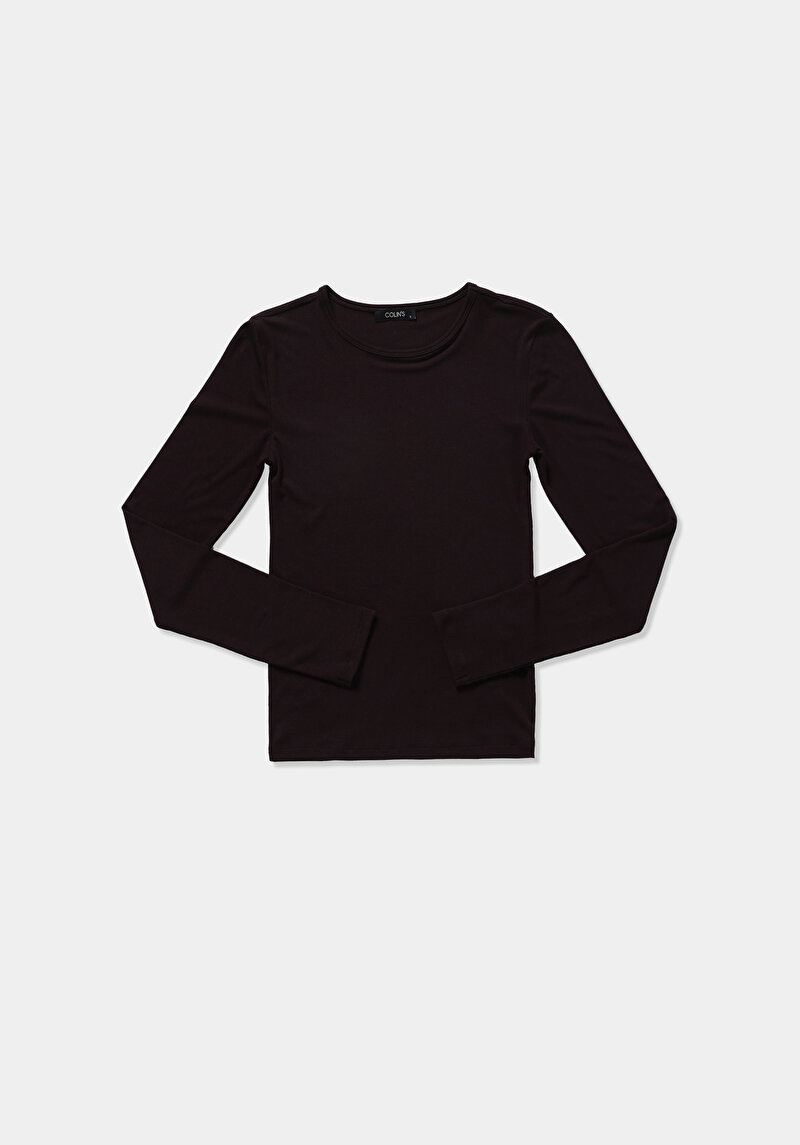 Slim Fit Yuvarlak Yaka Düz Kadın Mor Uzun Kol Tişört