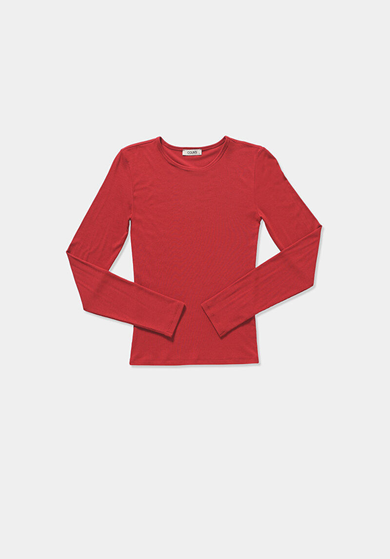 Slim Fit Yuvarlak Yaka Düz Kadın Kirmizi Uzun Kol Tişört