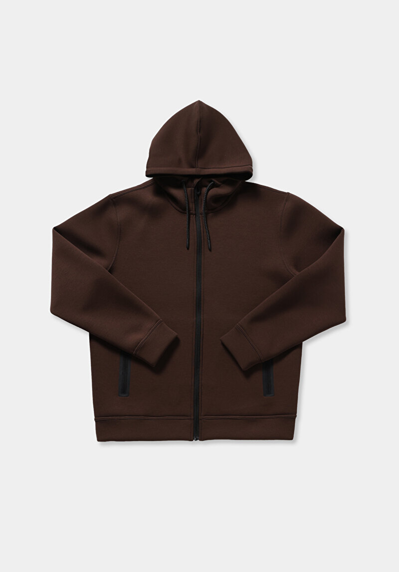 Regular Fit Kapüşonlu Düz Erkek Kahverengi Sweatshirt