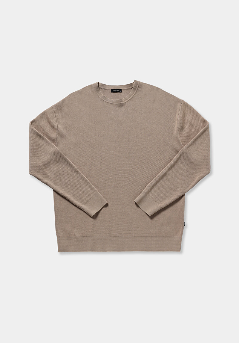 Relaxed Fit Yuvarlak Yaka Düz Erkek Bej Kazak