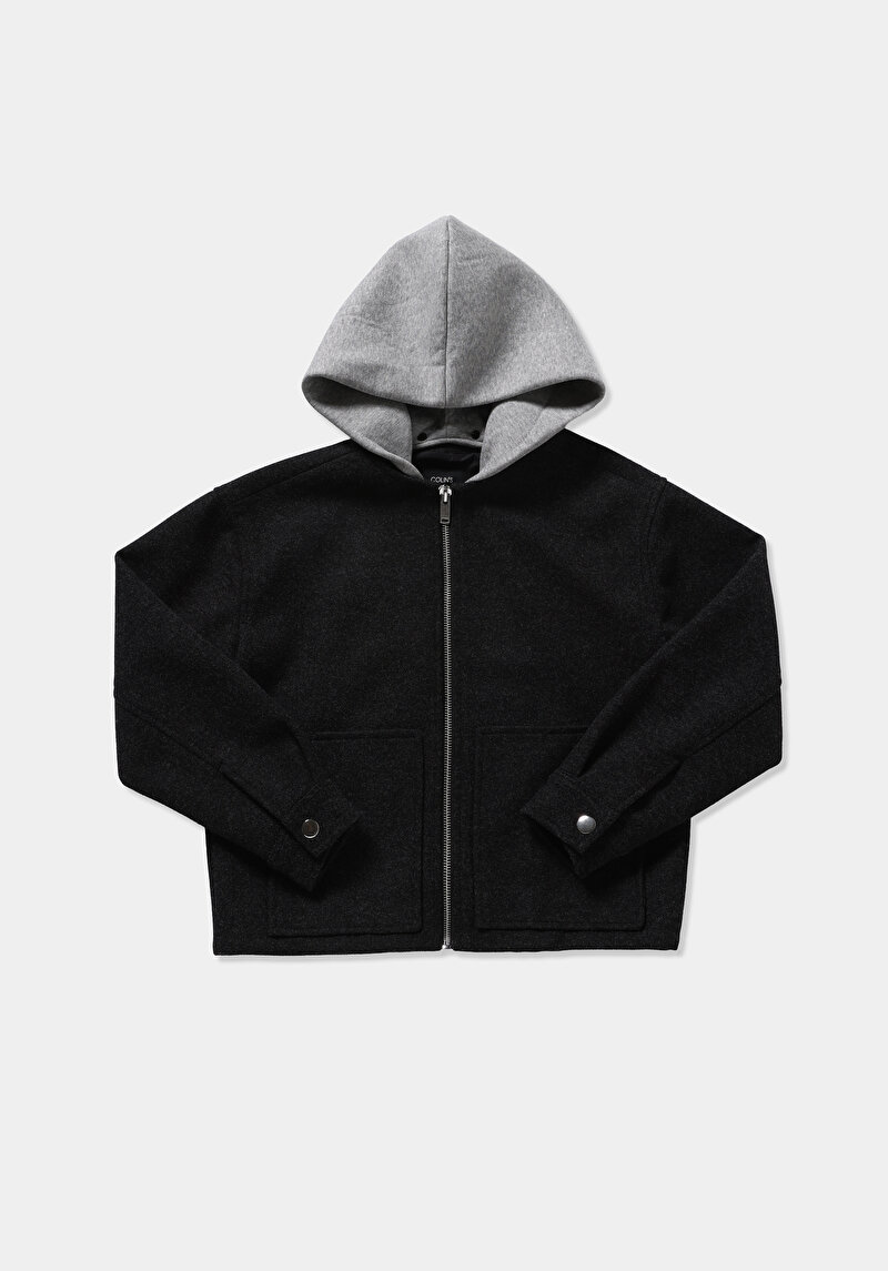 Oversize Fit Fermuarlı Astarsız Çıkarılabilir Kapüşonlu Kadın Antrasit Ceket