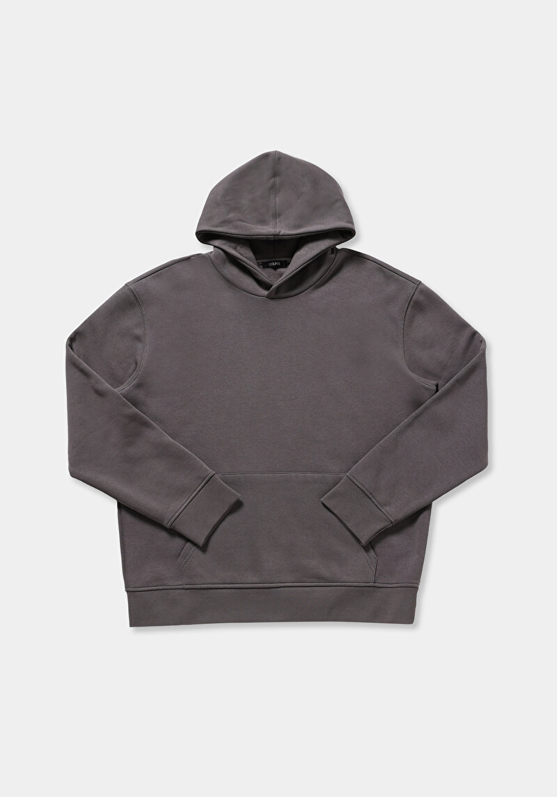 Relaxed Fit Kapüşonlu Düz Erkek Gri Sweatshirt