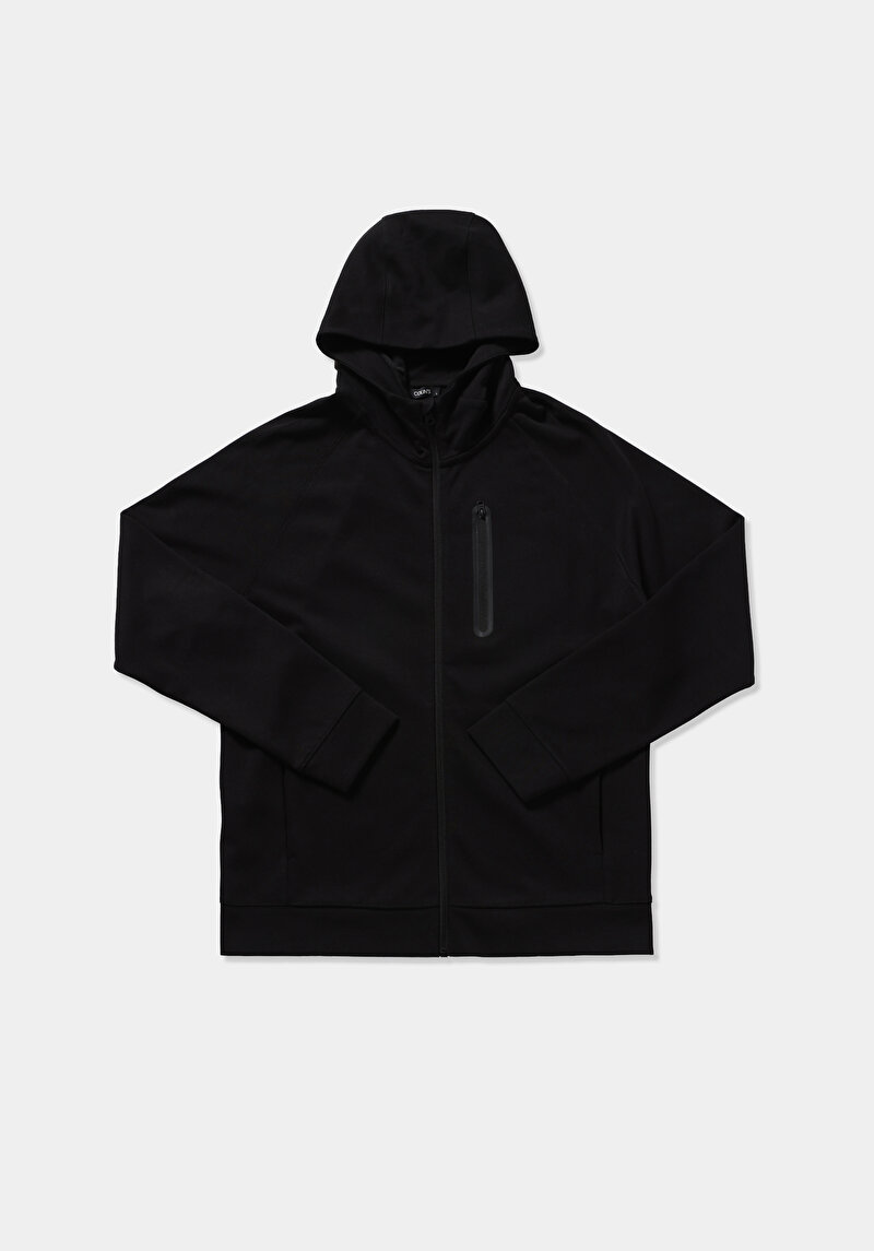 Regular Fit Kapüşonlu Düz Erkek Siyah Sweatshirt