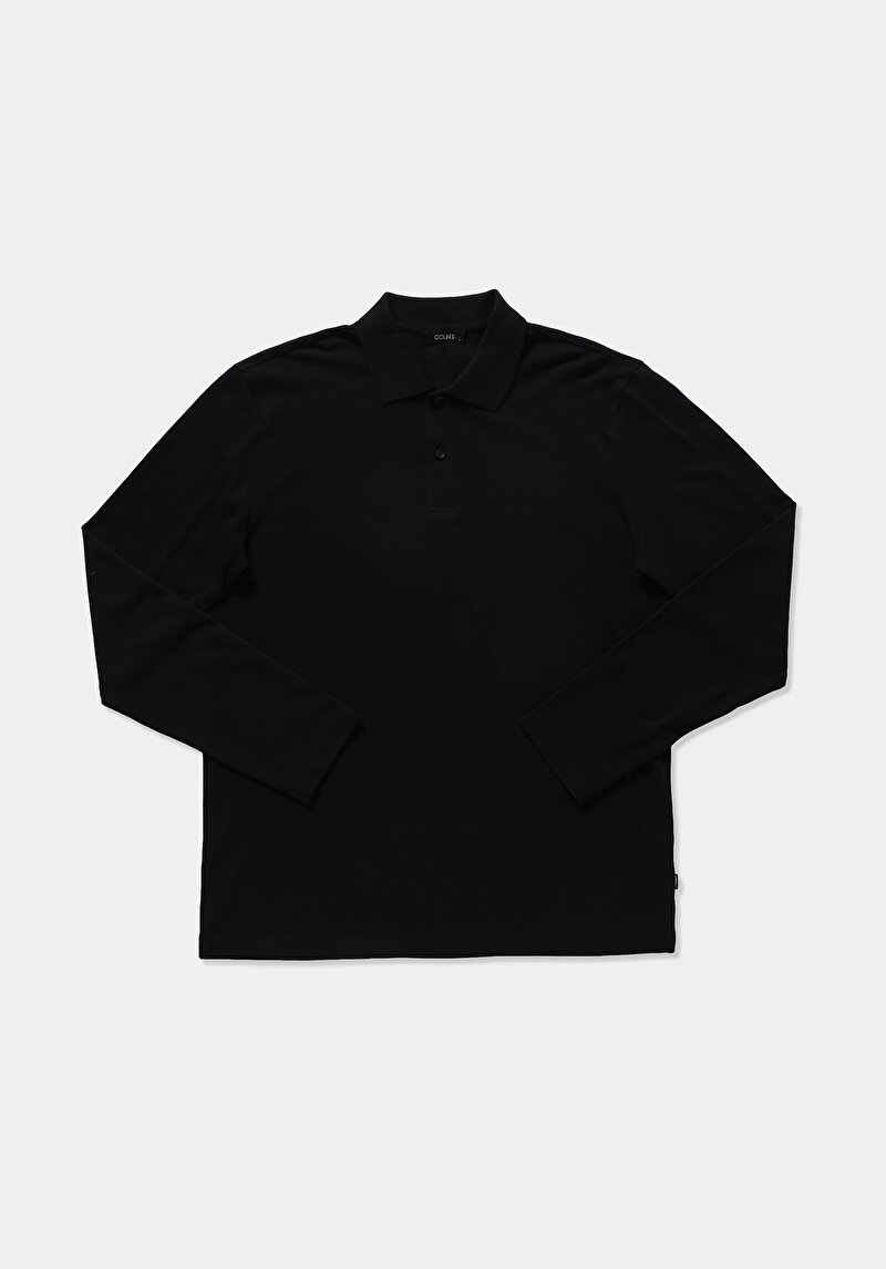Regular Fit Polo Yaka Düz Erkek Siyah Uzun Kol Tişört