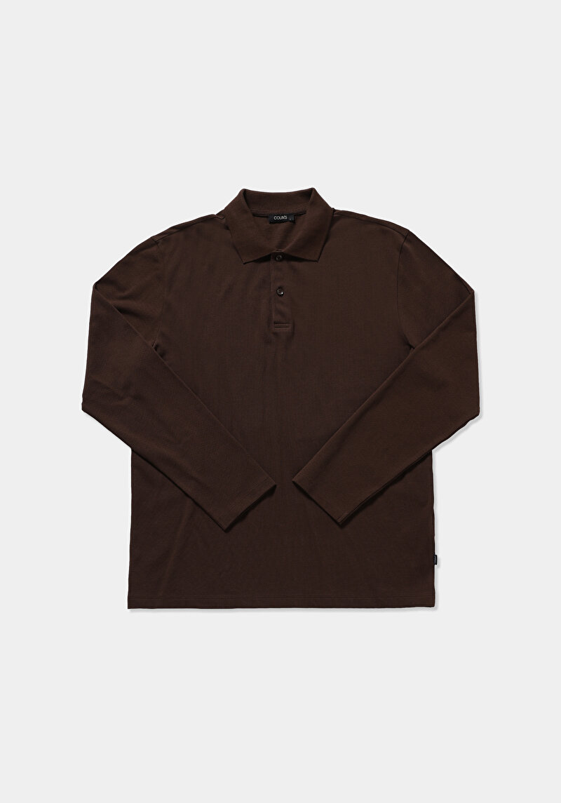 Regular Fit Polo Yaka Düz Erkek Kahverengi Uzun Kol Tişört