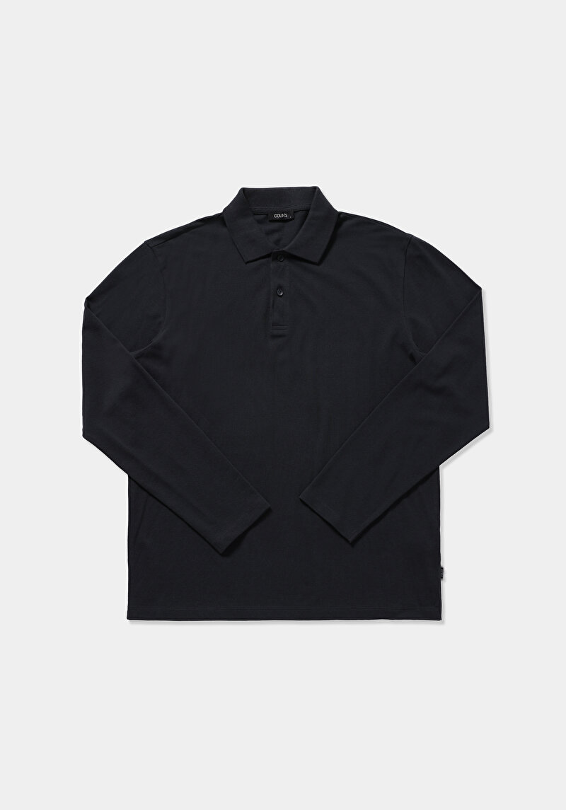 Regular Fit Polo Yaka Düz Erkek Lacivert Uzun Kol Tişört