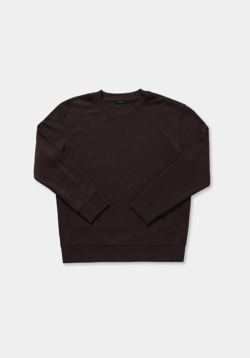 Relaxed Fit Yuvarlak Yaka Düz Erkek Kahverengi Sweatshirt
