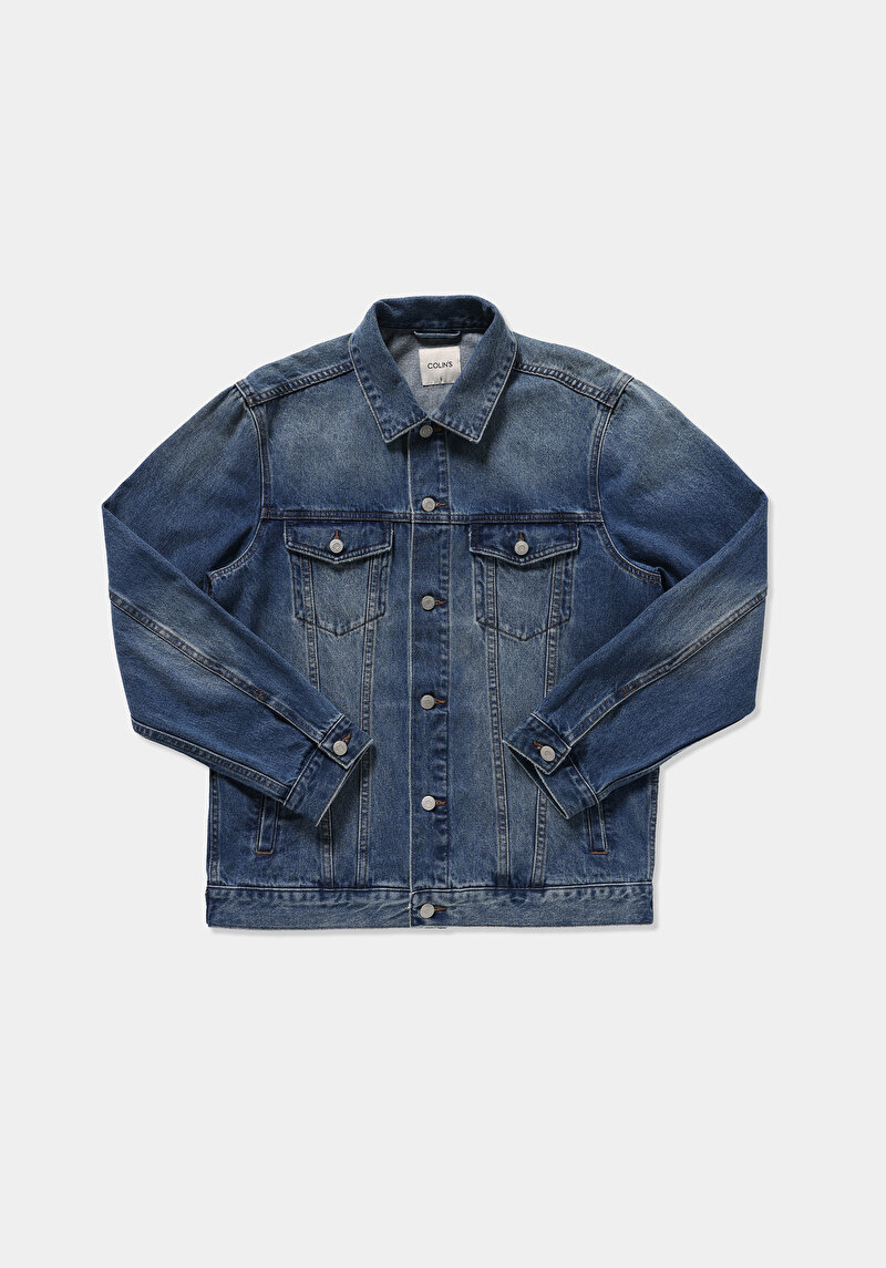 Regular Fit Düğmeli Astarsız  Erkek Mid İndigo Denim Ceket