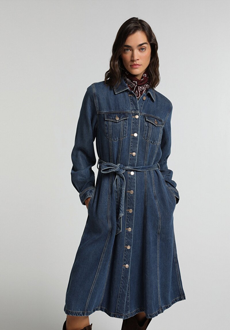 Regular Fit Düz Kadın Mid İndigo Denim Uzun Kol Elbise