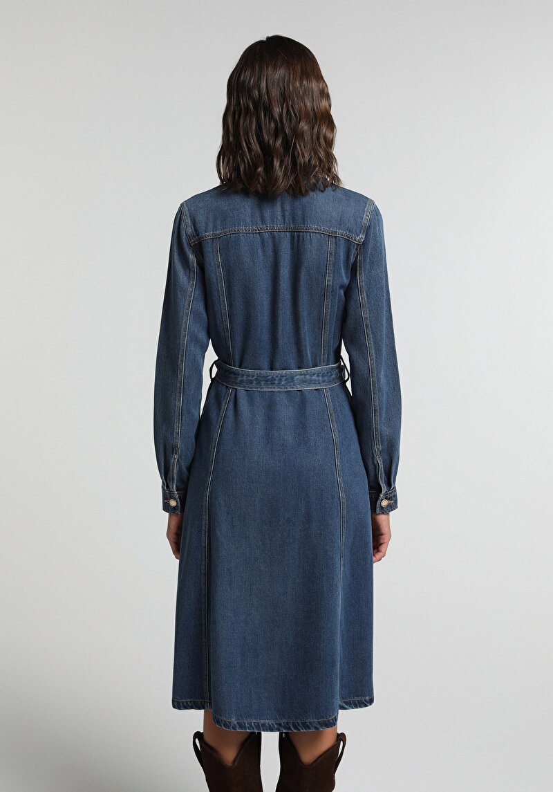Regular Fit Düz Kadın Mid İndigo Denim Uzun Kol Elbise