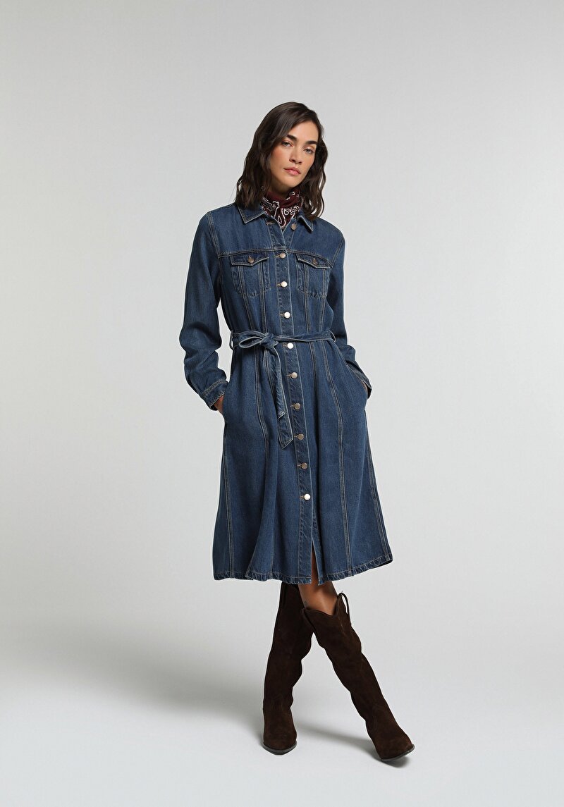 Regular Fit Düz Kadın Mid İndigo Denim Uzun Kol Elbise
