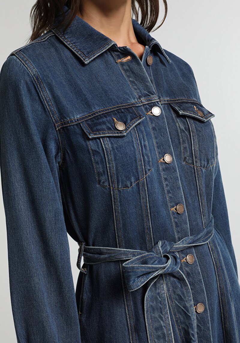 Regular Fit Düz Kadın Mid İndigo Denim Uzun Kol Elbise