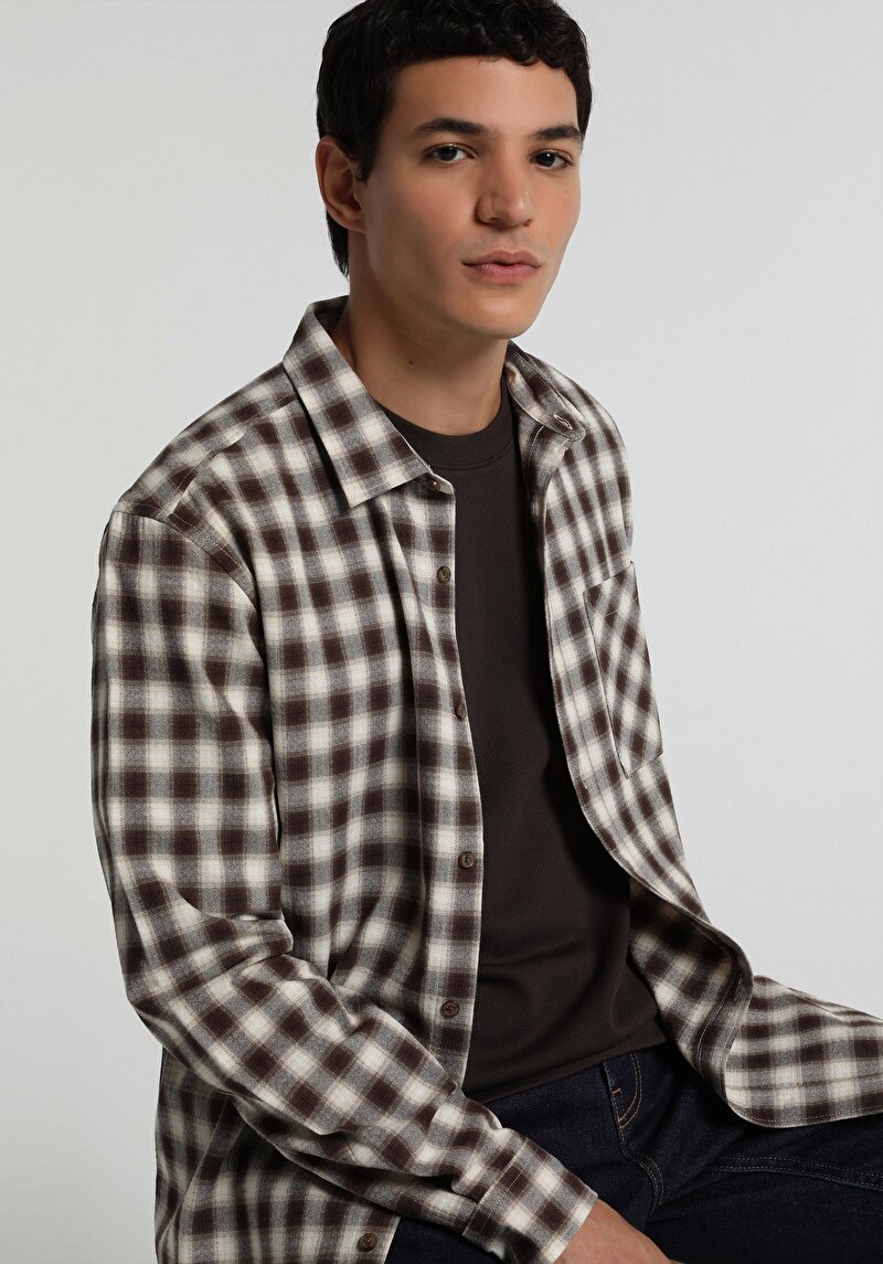 Regular Fit Shirt Neck Kareli Erkek Kahverengi Uzun Kol Gömlek