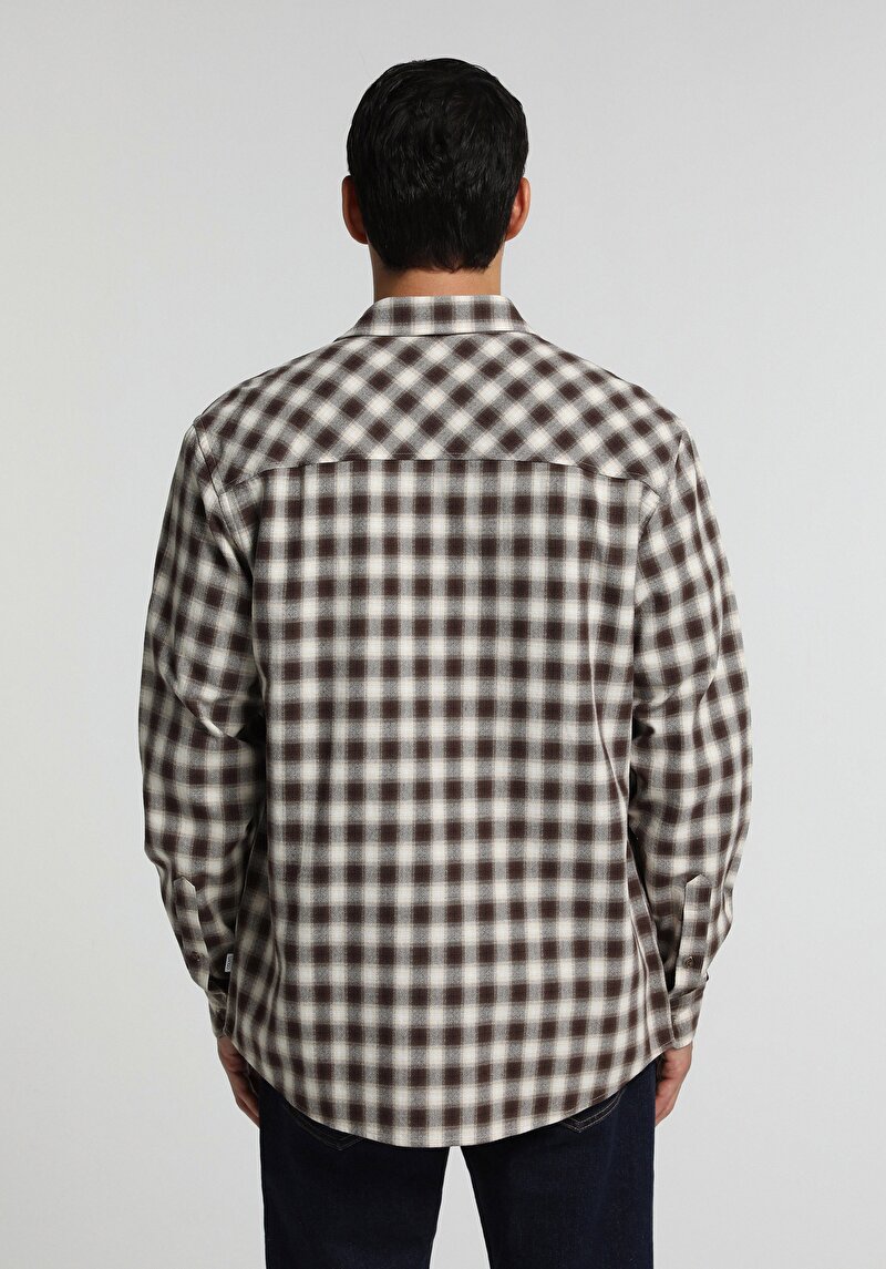 Regular Fit Shirt Neck Kareli Erkek Kahverengi Uzun Kol Gömlek