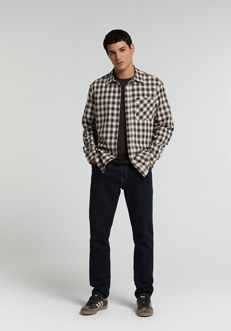 Regular Fit Shirt Neck Kareli Erkek Kahverengi Uzun Kol Gömlek