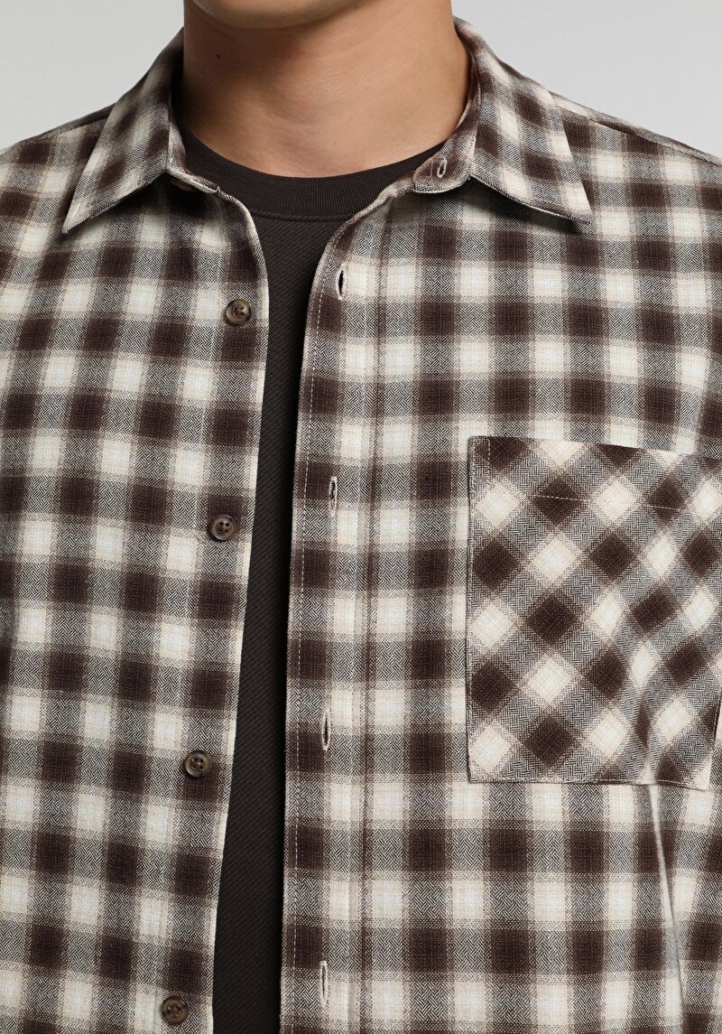 Regular Fit Shirt Neck Kareli Erkek Kahverengi Uzun Kol Gömlek