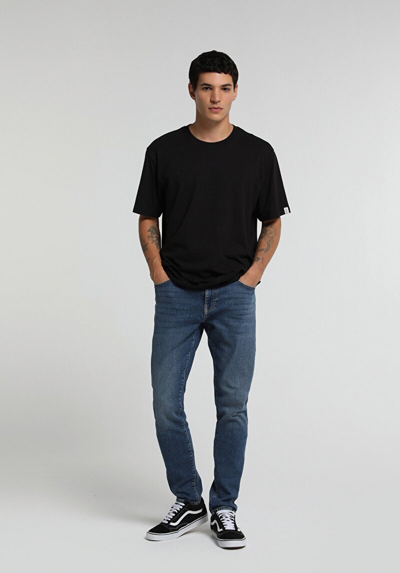 Slim Fit Düşük Bel Dar Paça Erkek Dark İndigo Denim Jean Pantolon