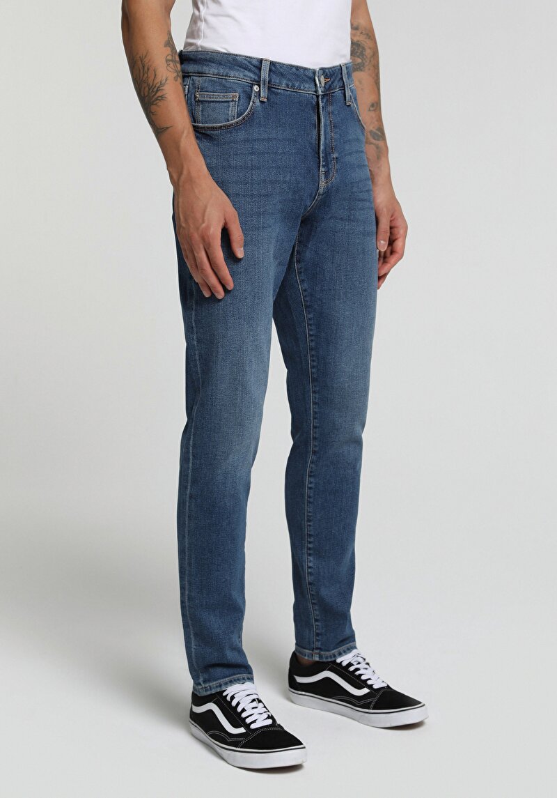 Slim Fit Düşük Bel Dar Paça Erkek Dark İndigo Denim Jean Pantolon