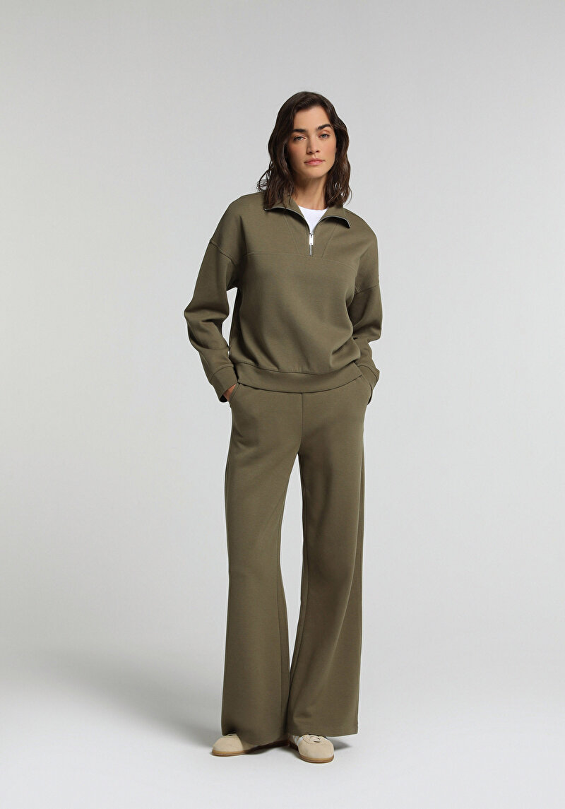 Regular Fit Fermuarlı Düz Kadın Yeşil Sweatshirt