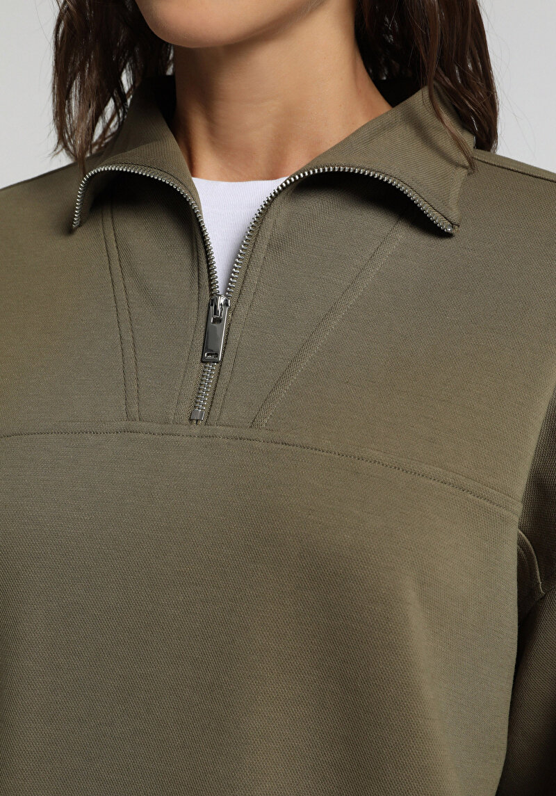 Regular Fit Fermuarlı Düz Kadın Yeşil Sweatshirt