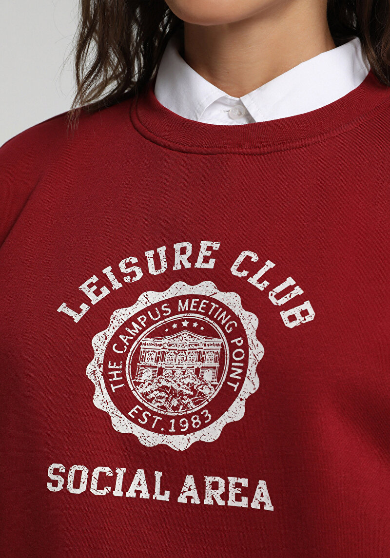 Regular Fit Yuvarlak Yaka Baskılı Kadın Kirmizi Sweatshirt