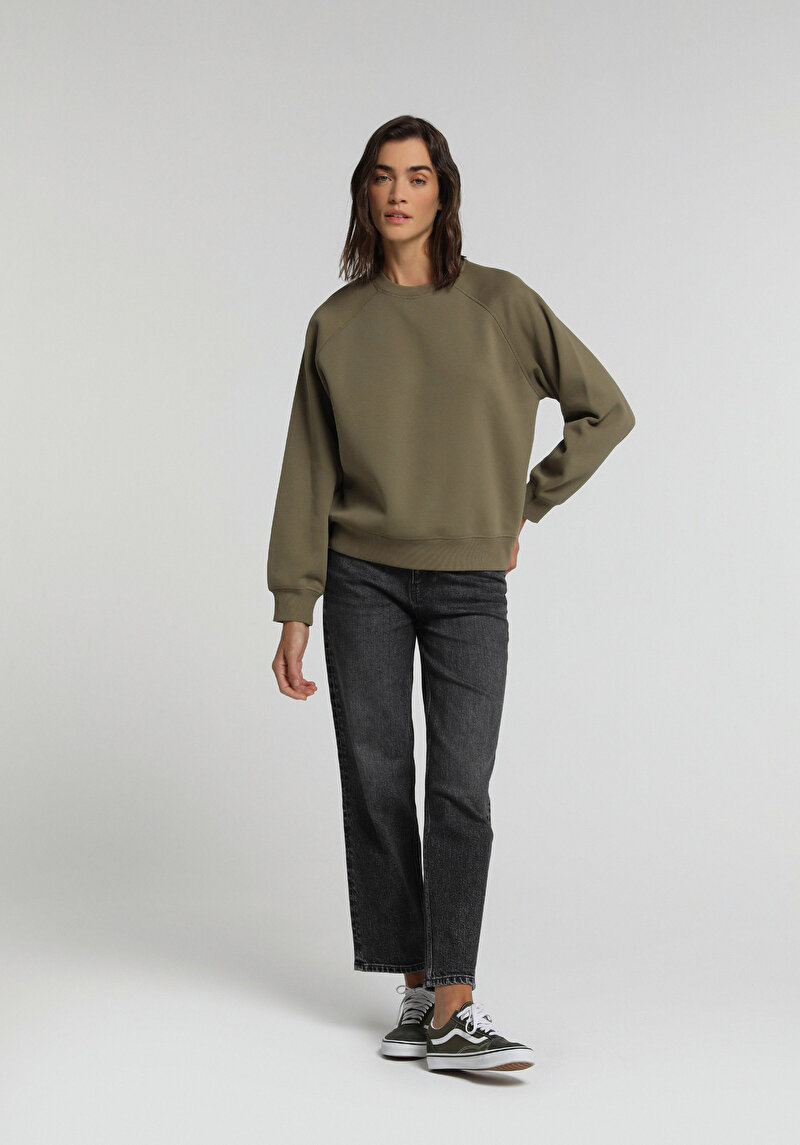 Regular Fit Yuvarlak Yaka Düz Kadın Yeşil Sweatshirt