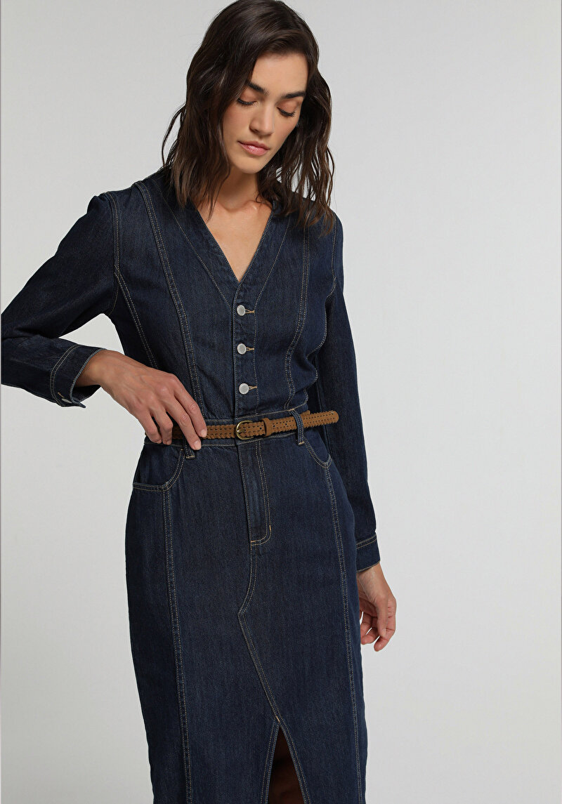 Slim Fit Düz Kadın Dark İndigo Denim Uzun Kol Elbise