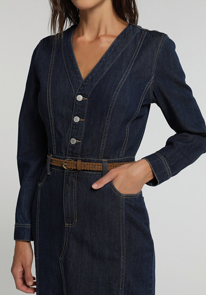 Slim Fit Düz Kadın Dark İndigo Denim Uzun Kol Elbise