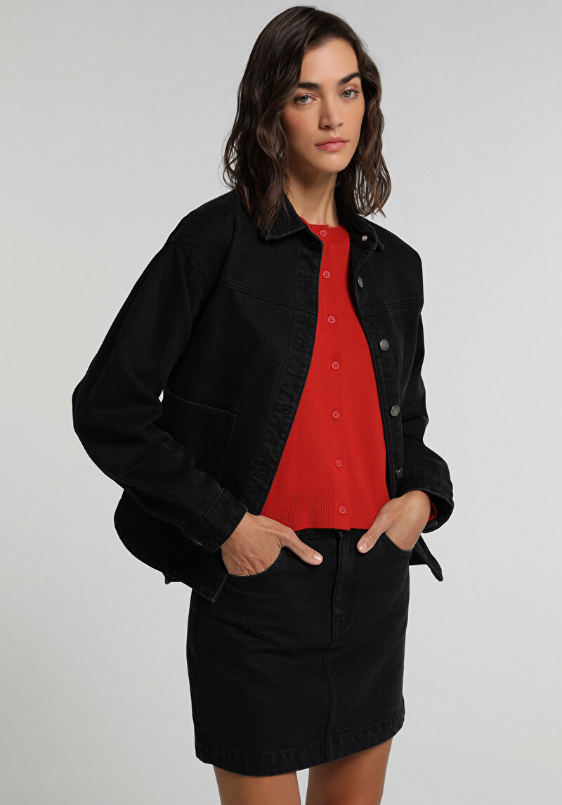 Slim Fit Düz Fermuarlı Kadın Black Black Denim Etek