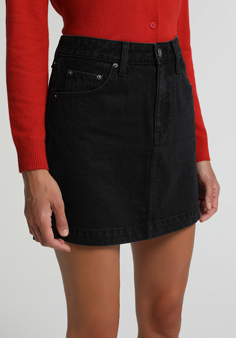 Slim Fit Düz Fermuarlı Kadın Black Black Denim Etek