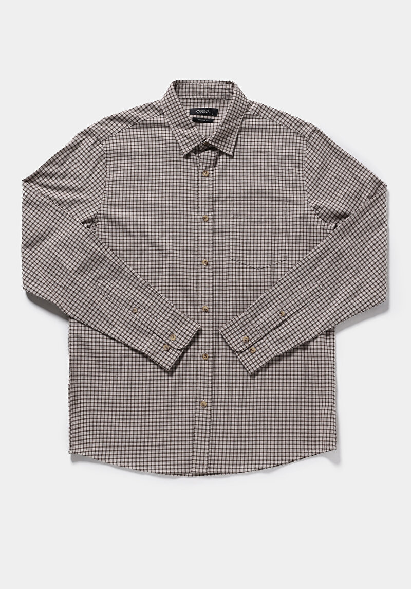Regular Fit Shirt Neck Kareli Erkek Kahverengi Uzun Kol Gömlek