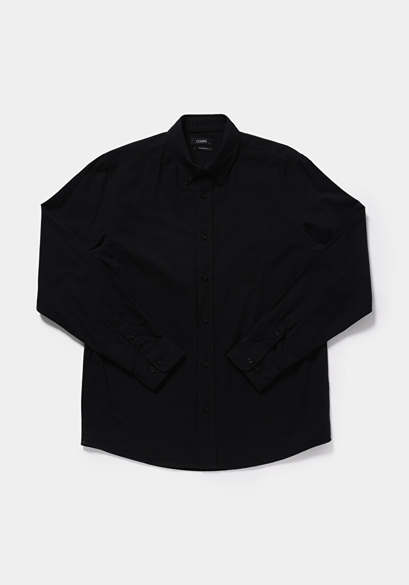 Regular Fit Shirt Neck Düz Erkek Siyah Uzun Kol Gömlek