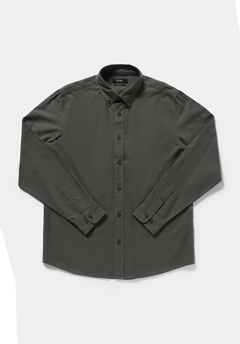 Regular Fit Shirt Neck Düz Erkek Yeşil Uzun Kol Gömlek