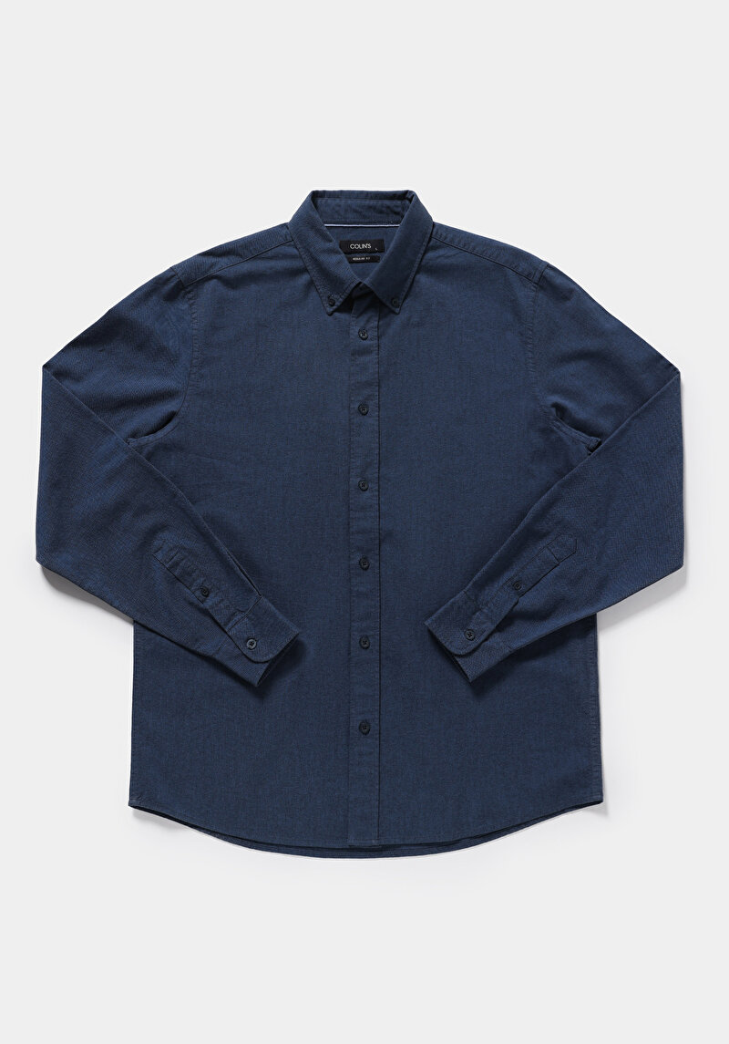 Regular Fit Shirt Neck Düz Erkek Lacivert Uzun Kol Gömlek