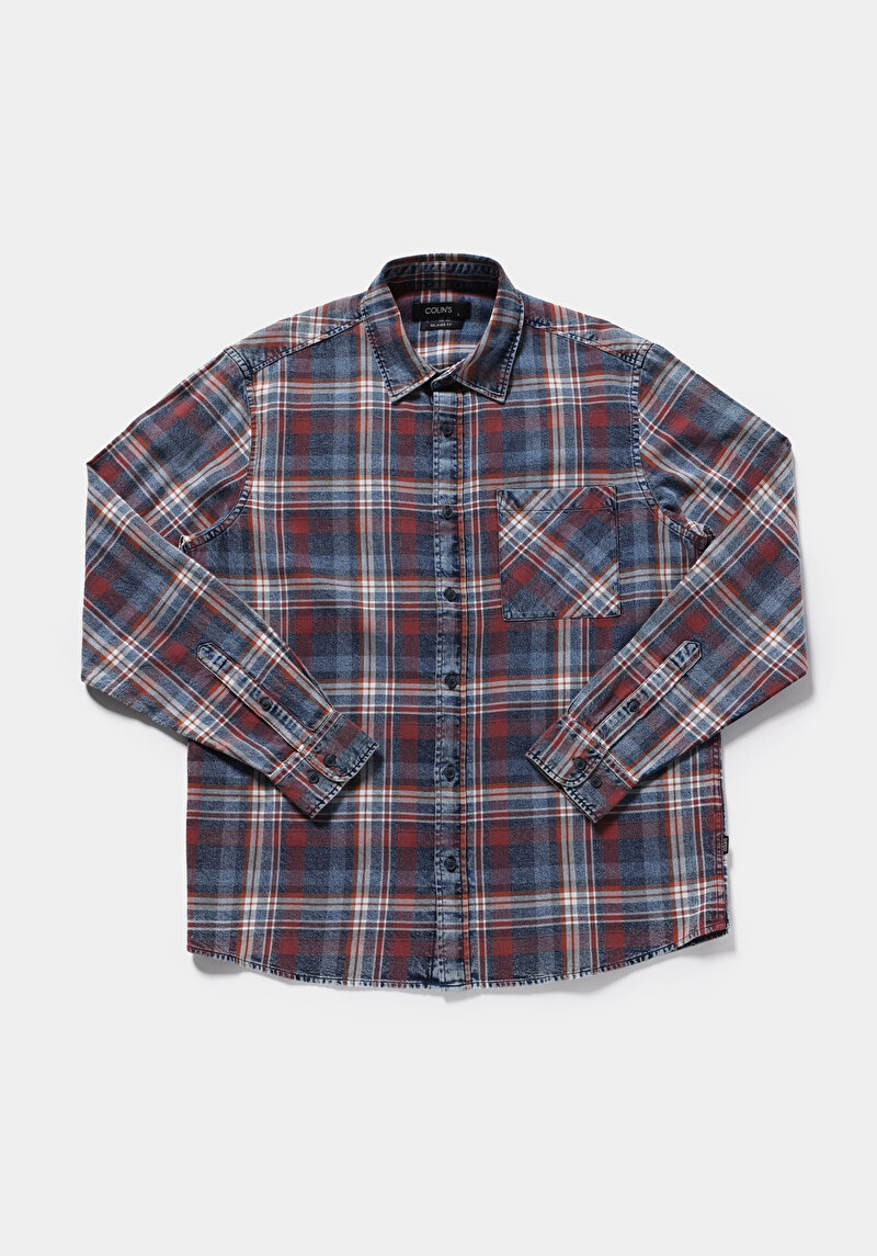 Relaxed Fit Shirt Neck Ekoseli Erkek Mavi Uzun Kol Gömlek